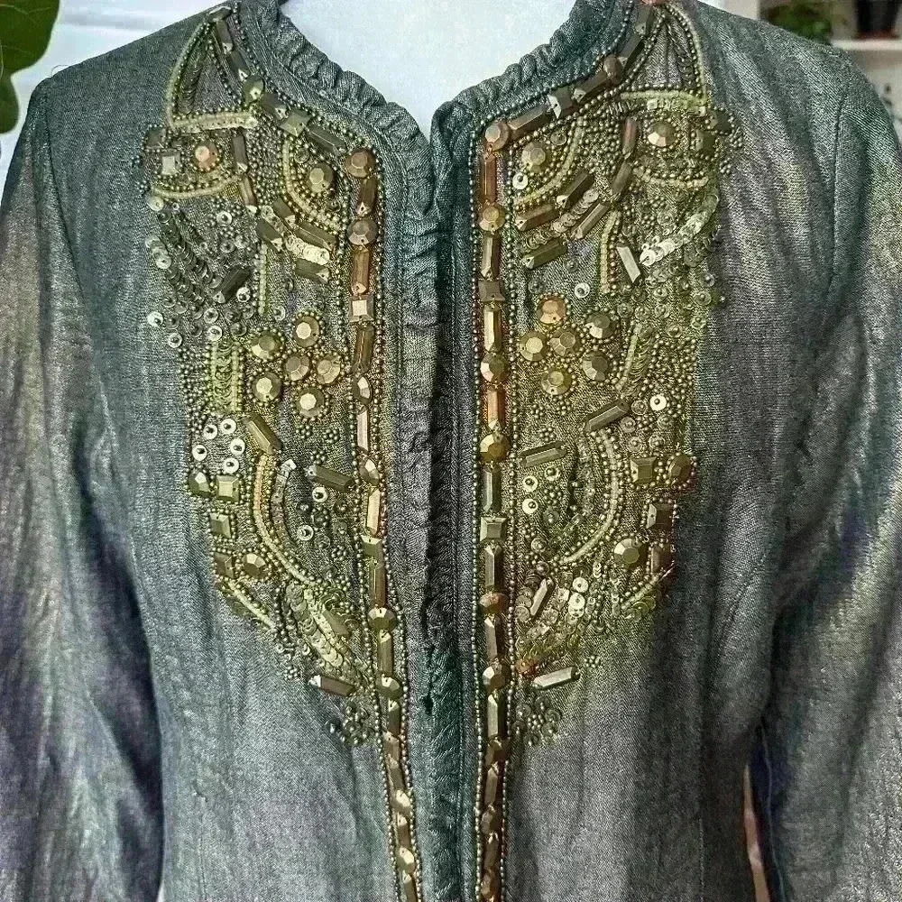 Chico’s Jacket- Fully lined ruffled detailed and sequin beading all thru -SZ 1 - Picture 2 of 7